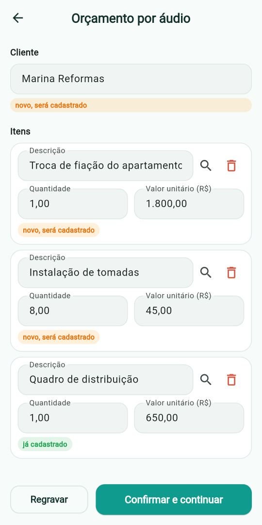 Tela real do ServiçoUp com o orçamento montado a partir de um áudio: cliente, itens, quantidades e valores já preenchidos