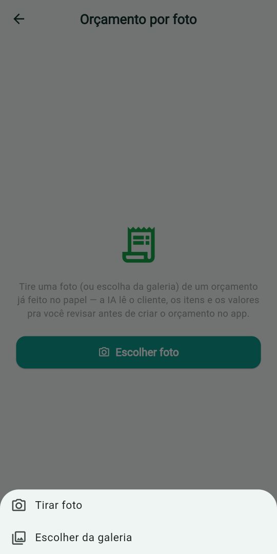 Tela real do ServiçoUp para orçamento por foto, com as opções Tirar foto e Escolher da galeria