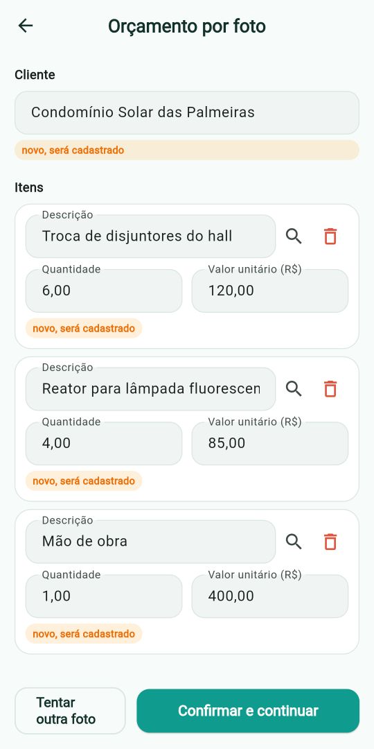 Tela real do ServiçoUp com o orçamento lido a partir da foto de um orçamento em papel: cliente, itens e valores