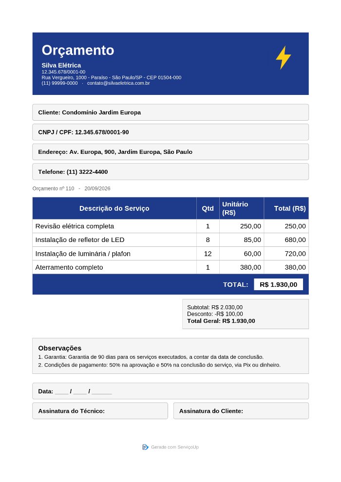 Exemplo de PDF de orçamento gerado pelo ServiçoUp, com logo da empresa, itens, total, condições e assinaturas