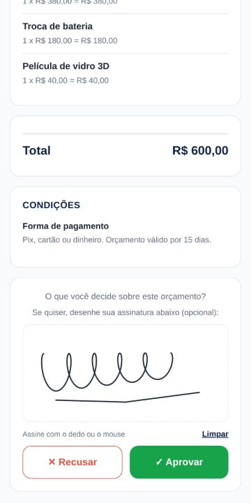 Cliente aprovando o orçamento da Conecta Cell Assistência pelo celular