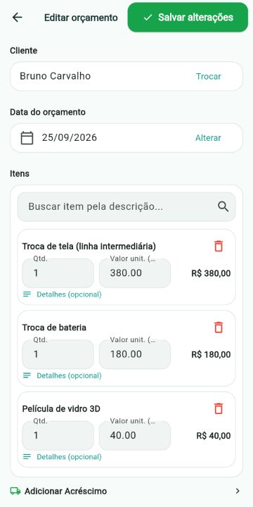 Orçamento de Celulares montado com os serviços do catálogo no ServiçoUp