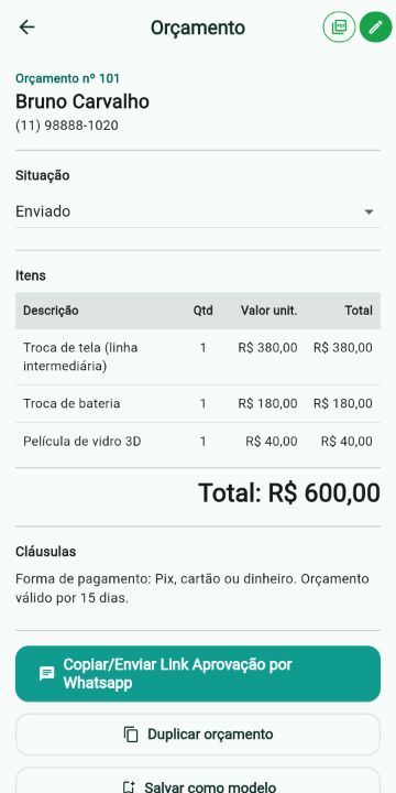 Orçamento de Celulares com itens, quantidades e total no ServiçoUp