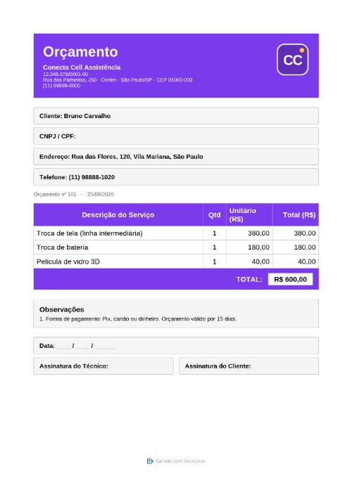 PDF do orçamento com a logo da Conecta Cell Assistência (empresa fictícia)