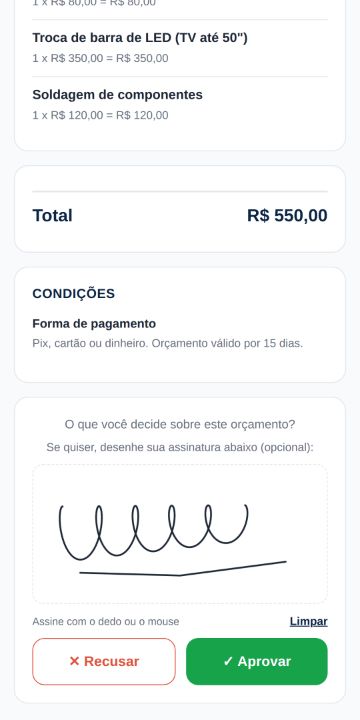 Cliente aprovando o orçamento da Eletrotec Reparos pelo celular