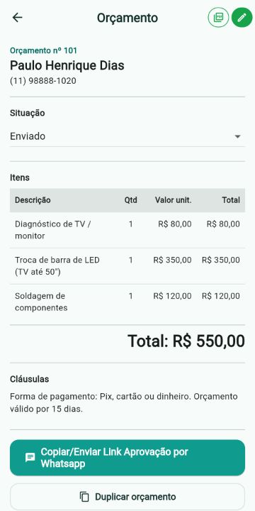 Orçamento de Eletrônicos com itens, quantidades e total no ServiçoUp