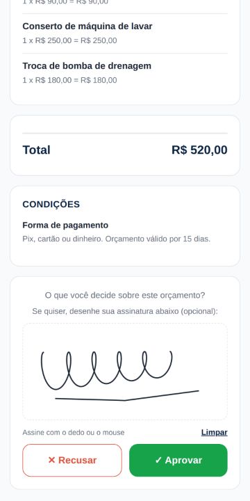 Cliente aprovando o orçamento da Casa & Lar Assistência pelo celular