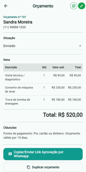 Orçamento de Linha Branca com itens, quantidades e total no ServiçoUp
