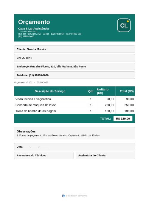 PDF do orçamento com a logo da Casa & Lar Assistência (empresa fictícia)
