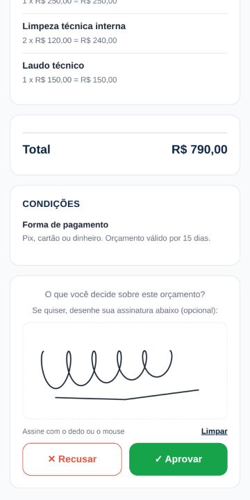 Cliente aprovando o orçamento da TecMaster Assistência Técnica pelo celular