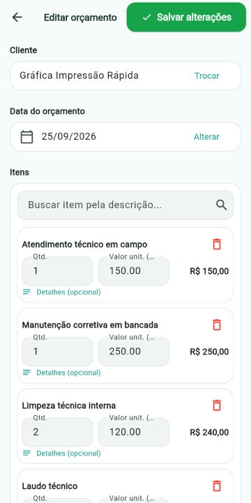 Orçamento de Assistência Técnica montado com os serviços do catálogo no ServiçoUp