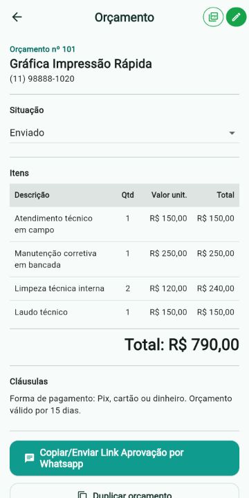 Orçamento de Assistência Técnica com itens, quantidades e total no ServiçoUp