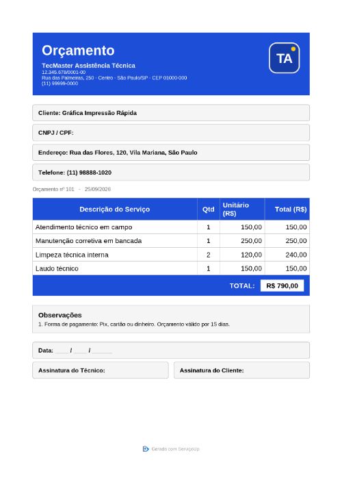 PDF do orçamento com a logo da TecMaster Assistência Técnica (empresa fictícia)