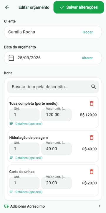Orçamento de Pet (Banho, Tosa e Adestramento) montado com os serviços do catálogo no ServiçoUp