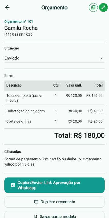 Orçamento de Pet (Banho, Tosa e Adestramento) com itens, quantidades e total no ServiçoUp