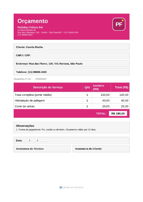 PDF do orçamento com a logo da Patinhas Felizes Pet (empresa fictícia)
