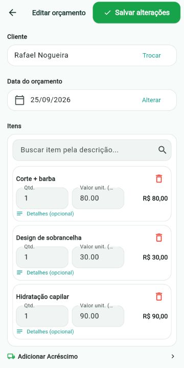 Orçamento de Cabeleireiro/Barbeiro montado com os serviços do catálogo no ServiçoUp