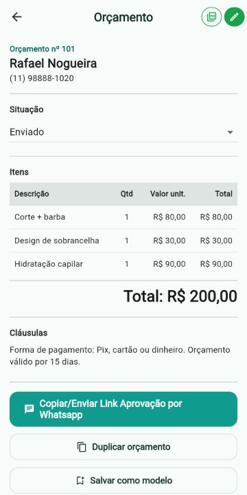Orçamento de Cabeleireiro/Barbeiro com itens, quantidades e total no ServiçoUp