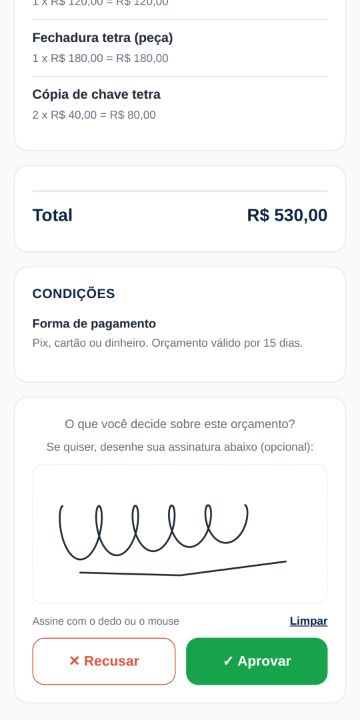Cliente aprovando o orçamento da Chave Certa Chaveiro 24h pelo celular