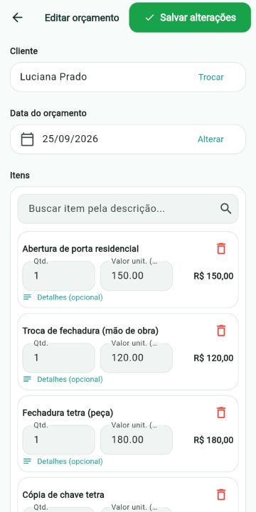 Orçamento de Chaveiro montado com os serviços do catálogo no ServiçoUp