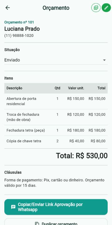 Orçamento de Chaveiro com itens, quantidades e total no ServiçoUp