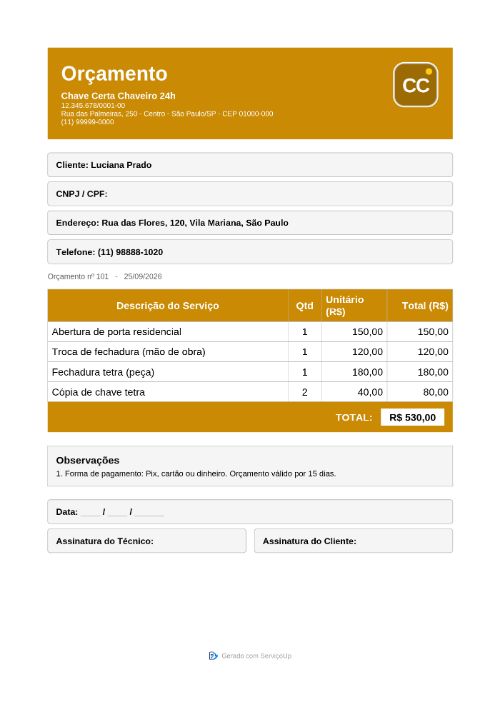 PDF do orçamento com a logo da Chave Certa Chaveiro 24h (empresa fictícia)