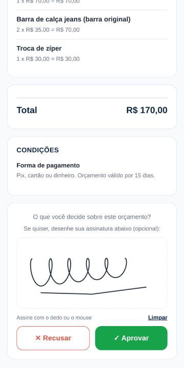 Cliente aprovando o orçamento da Ateliê Linha & Agulha pelo celular