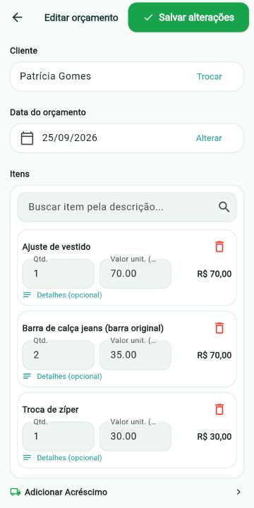 Orçamento de Costura e Ajustes montado com os serviços do catálogo no ServiçoUp