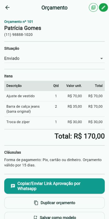 Orçamento de Costura e Ajustes com itens, quantidades e total no ServiçoUp