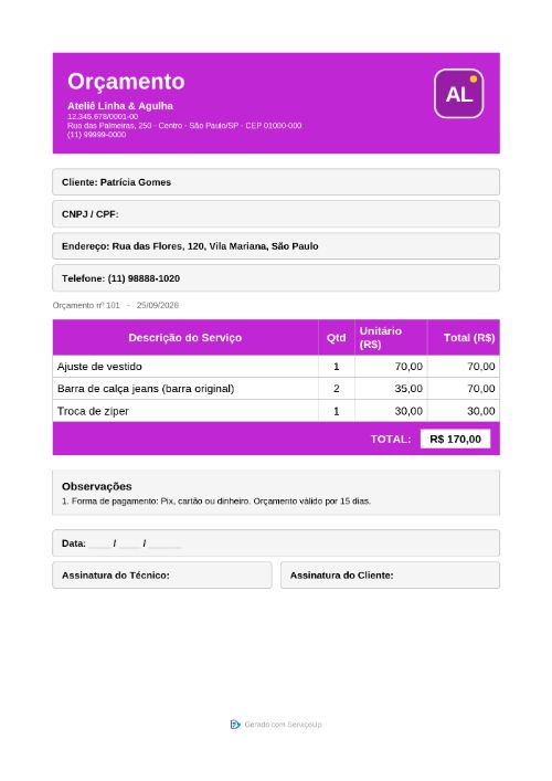 PDF do orçamento com a logo da Ateliê Linha & Agulha (empresa fictícia)