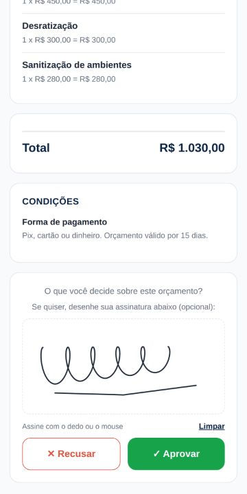 Cliente aprovando o orçamento da Protege Controle de Pragas pelo celular