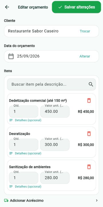 Orçamento de Dedetização montado com os serviços do catálogo no ServiçoUp