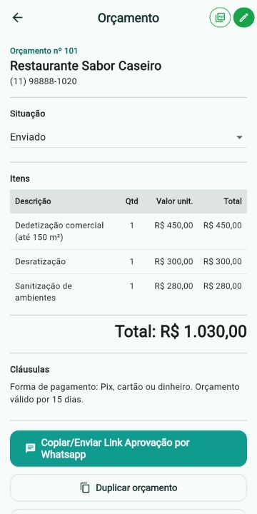 Orçamento de Dedetização com itens, quantidades e total no ServiçoUp