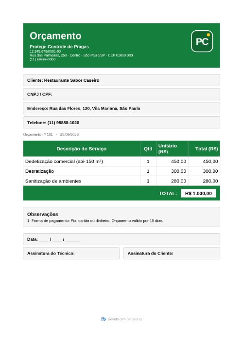 PDF do orçamento com a logo da Protege Controle de Pragas (empresa fictícia)