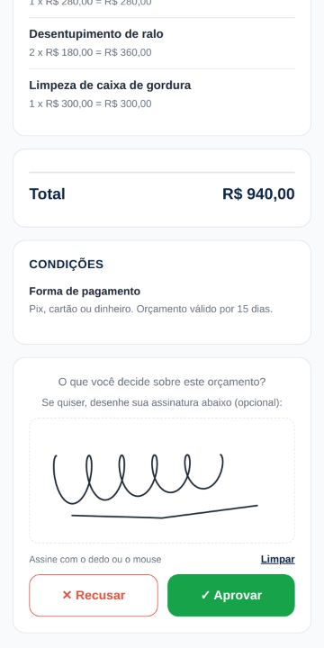 Cliente aprovando o orçamento da Desentope Já pelo celular