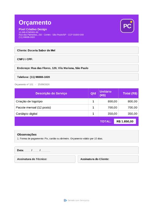 PDF do orçamento com a logo da Pixel Criativo Design (empresa fictícia)