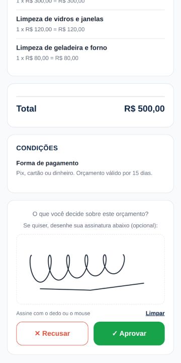 Cliente aprovando o orçamento da Brilho Total Limpeza pelo celular