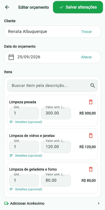 Orçamento de Limpeza Residencial montado com os serviços do catálogo no ServiçoUp