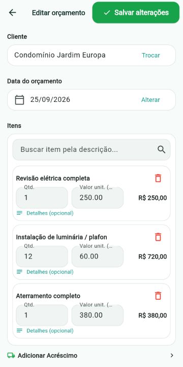 Orçamento de Eletricista montado com os serviços do catálogo no ServiçoUp