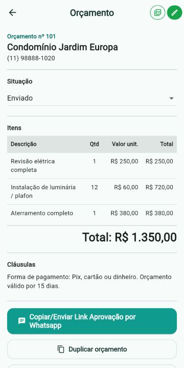 Orçamento de Eletricista com itens, quantidades e total no ServiçoUp