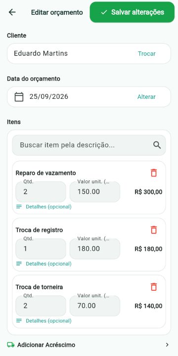 Orçamento de Encanador montado com os serviços do catálogo no ServiçoUp