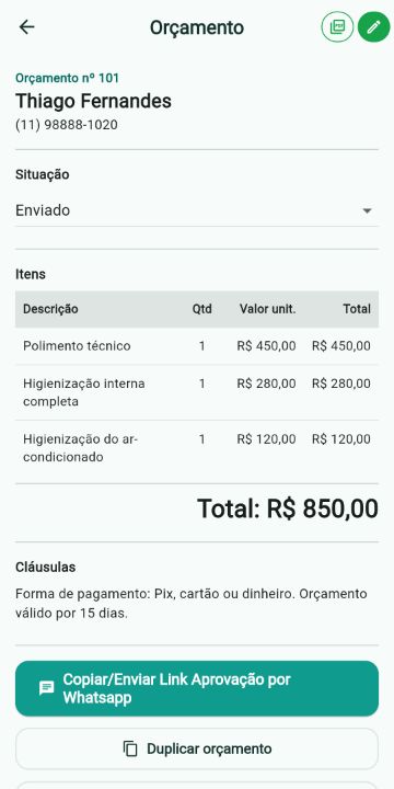 Orçamento de Estética Automotiva com itens, quantidades e total no ServiçoUp