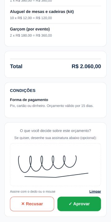 Cliente aprovando o orçamento da Encanto Festas & Decoração pelo celular