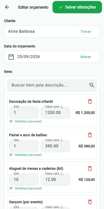 Orçamento de Eventos e Decoração montado com os serviços do catálogo no ServiçoUp