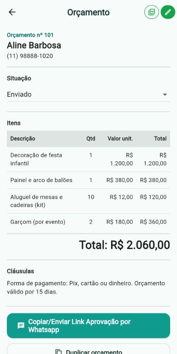 Orçamento de Eventos e Decoração com itens, quantidades e total no ServiçoUp