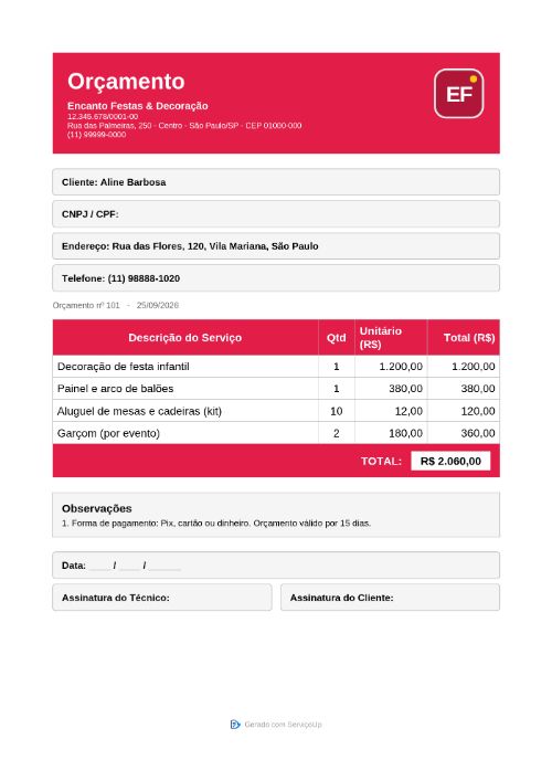 PDF do orçamento com a logo da Encanto Festas & Decoração (empresa fictícia)