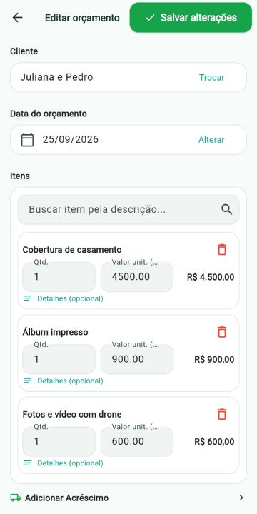 Orçamento de Fotografia e Filmagem montado com os serviços do catálogo no ServiçoUp