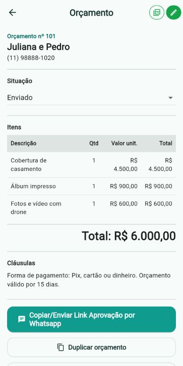 Orçamento de Fotografia e Filmagem com itens, quantidades e total no ServiçoUp