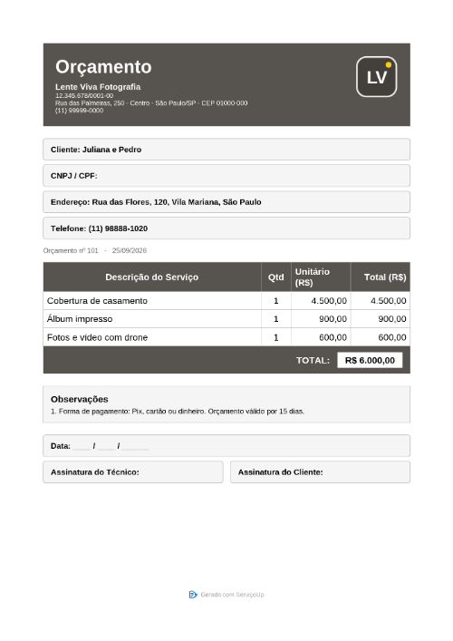 PDF do orçamento com a logo da Lente Viva Fotografia (empresa fictícia)
