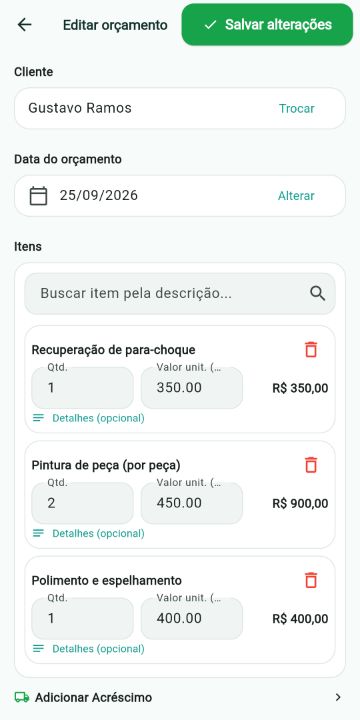 Orçamento de Funilaria e Pintura montado com os serviços do catálogo no ServiçoUp